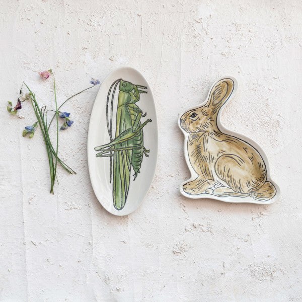 Hand-Painted Stoneware Green & White Grasshopper Plate